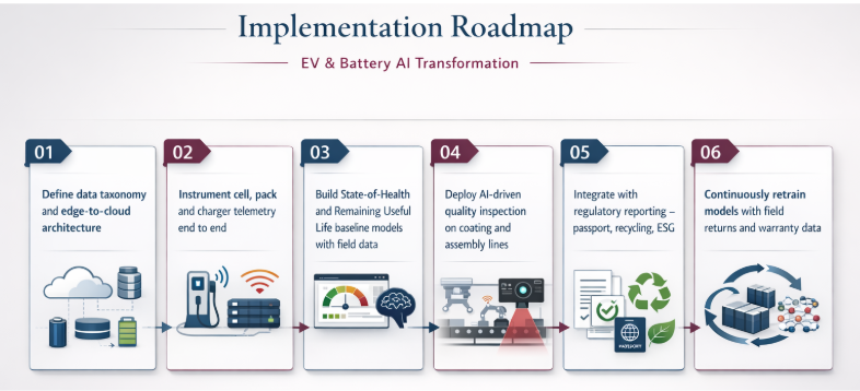 EV & Battery AI Transformation Implementation Roadmap — 6 steps from defining data taxonomy to continuously retraining models