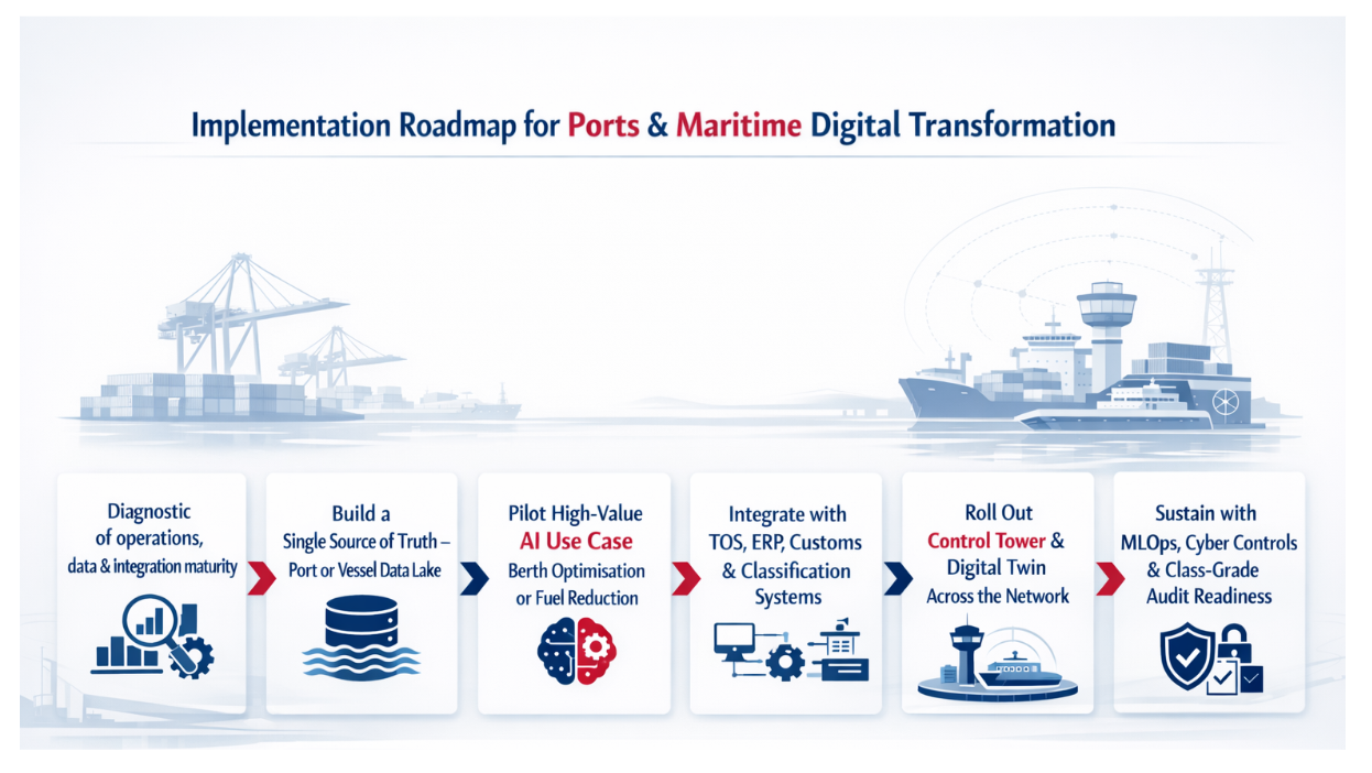 Implementation Roadmap for Ports & Maritime Digital Transformation &mdash; 6 steps from Diagnostic to Continuous Improvement