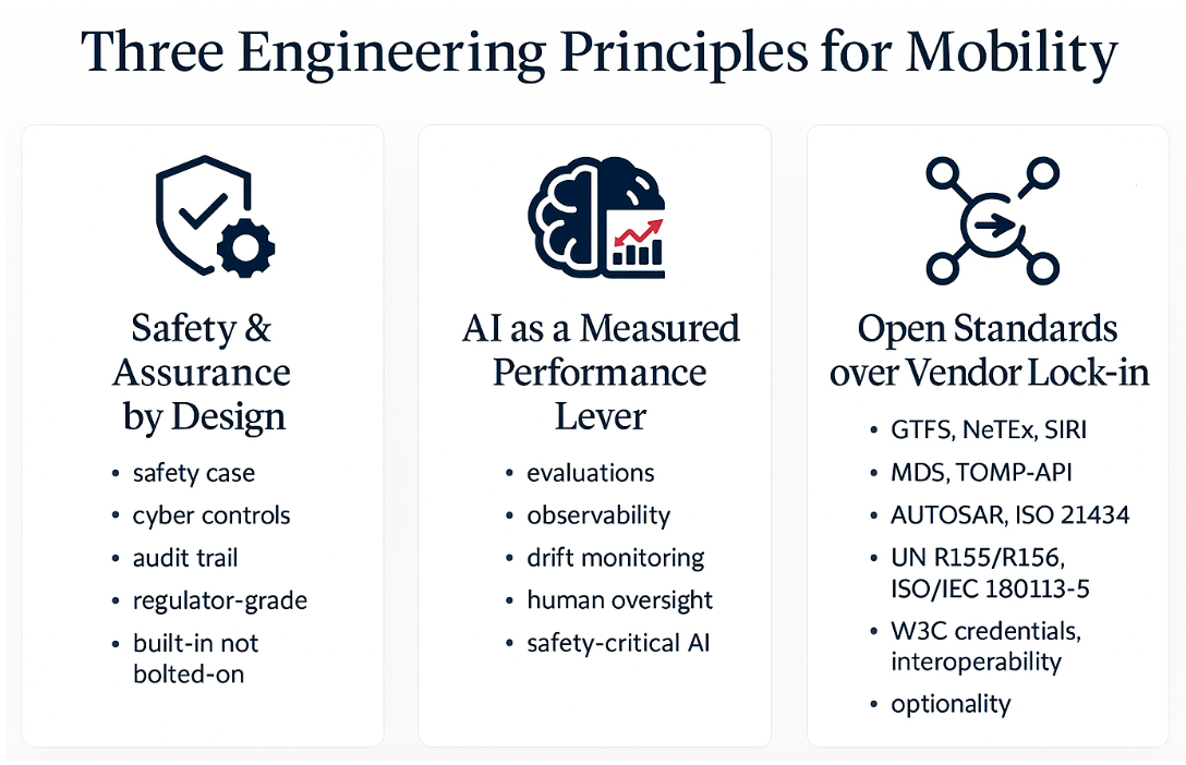 Three Engineering Principles for Mobility &mdash; Safety & Assurance, AI as a Measured Performance Lever, Open Standards